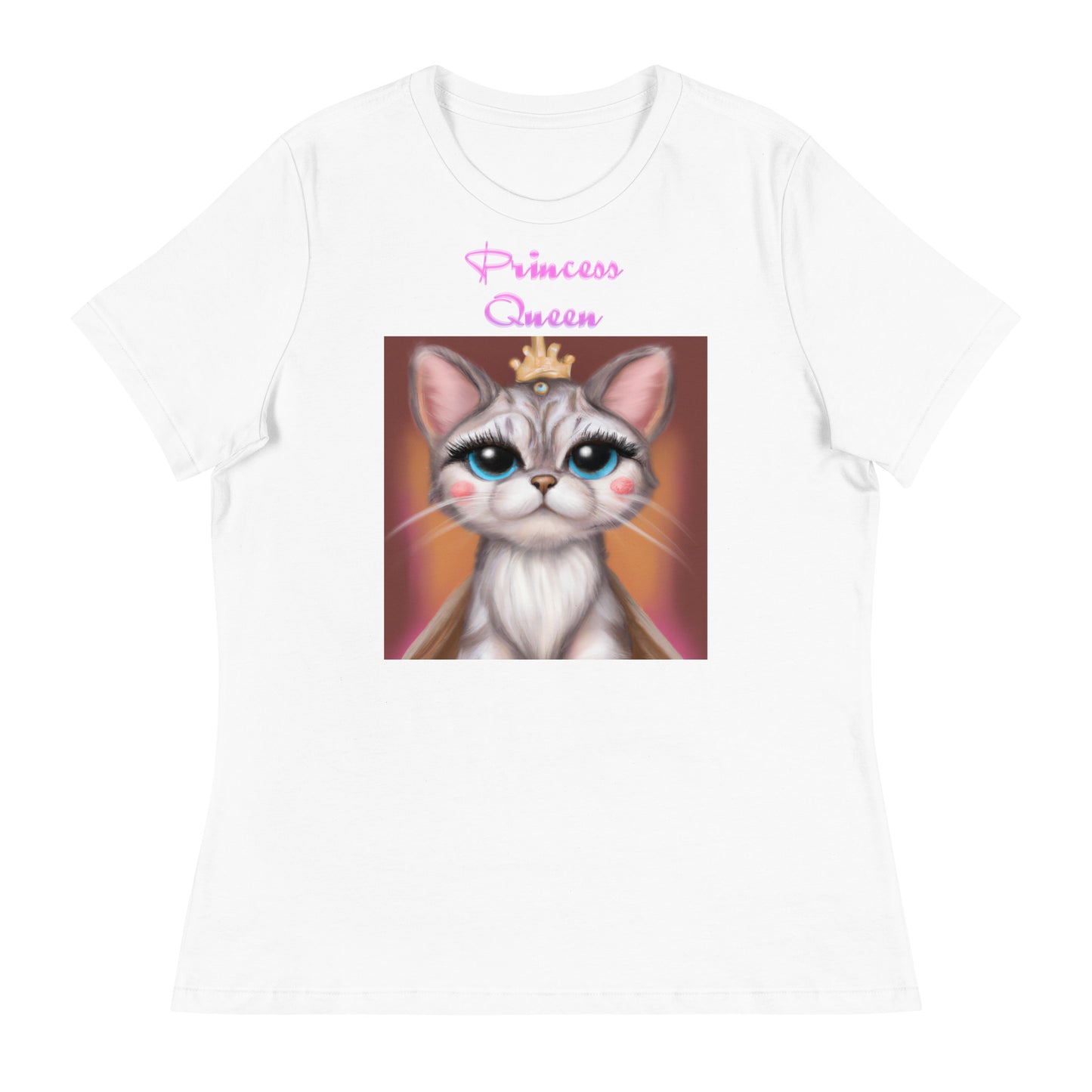 Women's White T-Shirt with Cute Princess Kitten with a text "Princess Queen" at $25.97 found at Personalizedpetlovergifts