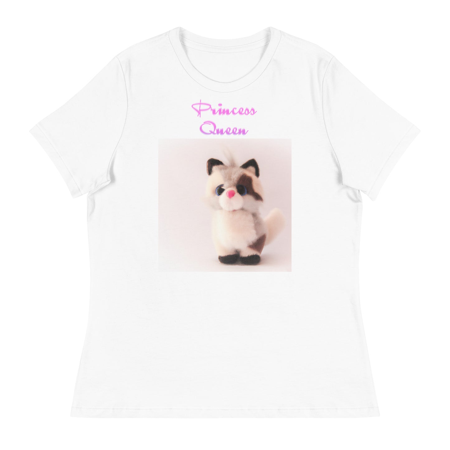 Women's White T-Shirt with Cute Plush Kitten with a text "Princess Queen" at $25.97 found at Personalizedpetlovergifts