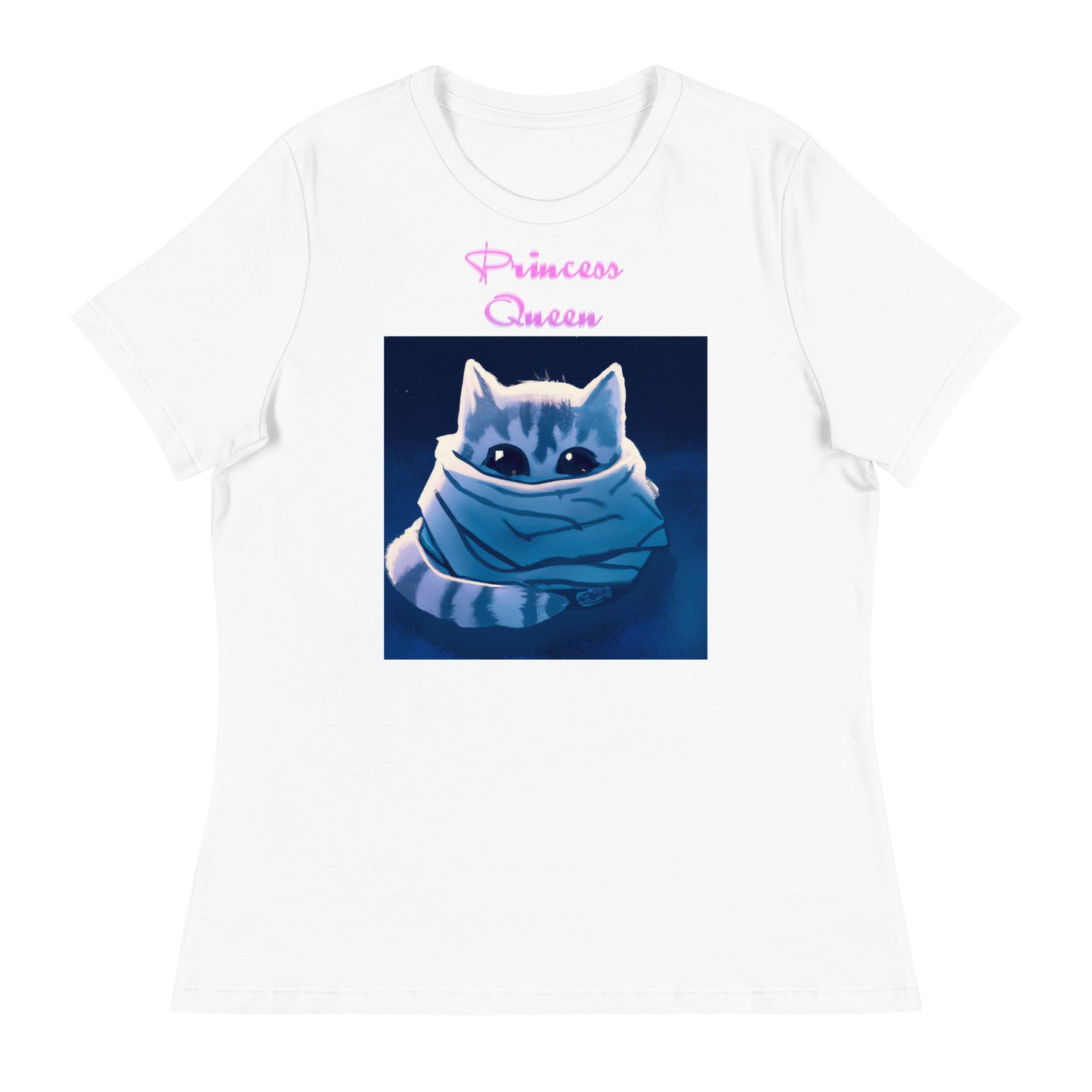 Women's White T-Shirt with Cute Kitten Wrapped Up In a Cozy Scarf with a text "Princess Queen" at $25.97 found at Personalizedpetlovergifts