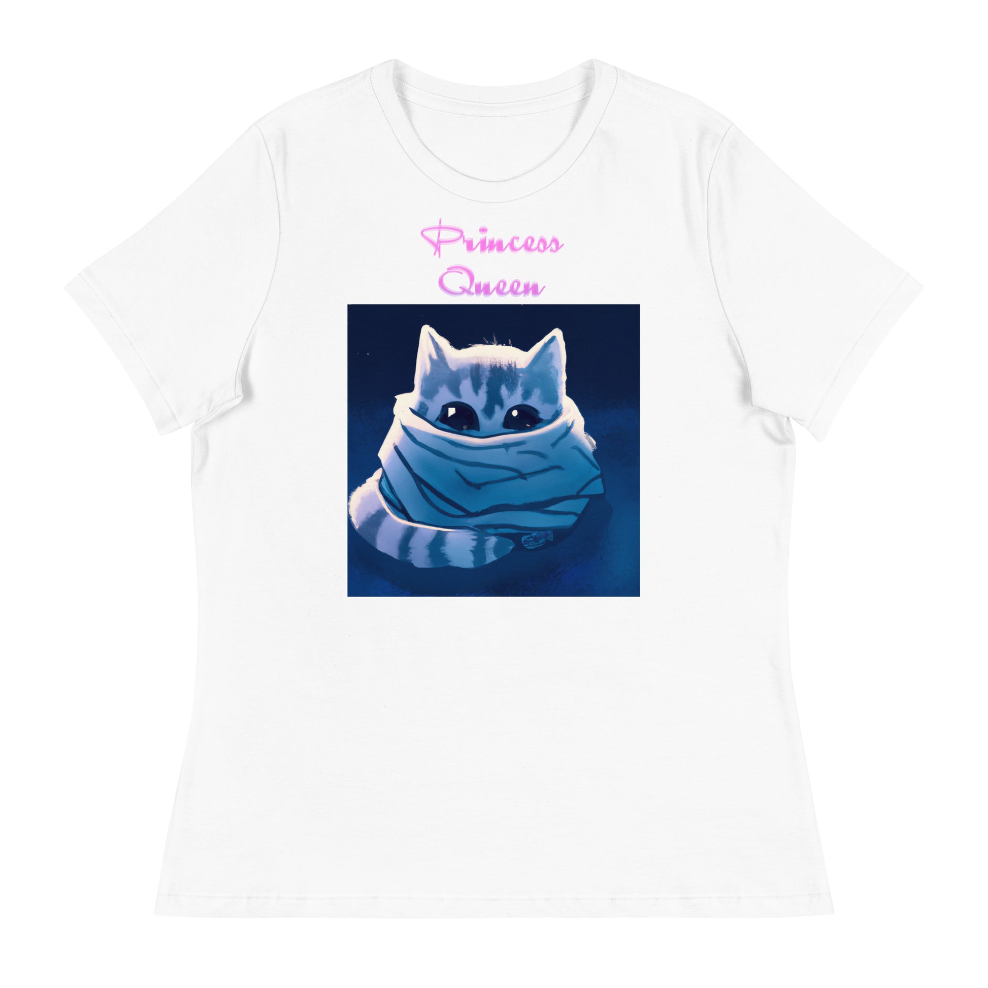 Women's White T-Shirt with Cute Kitten Wrapped Up In a Cozy Scarf with a text "Princess Queen" at $25.97 found at Personalizedpetlovergifts