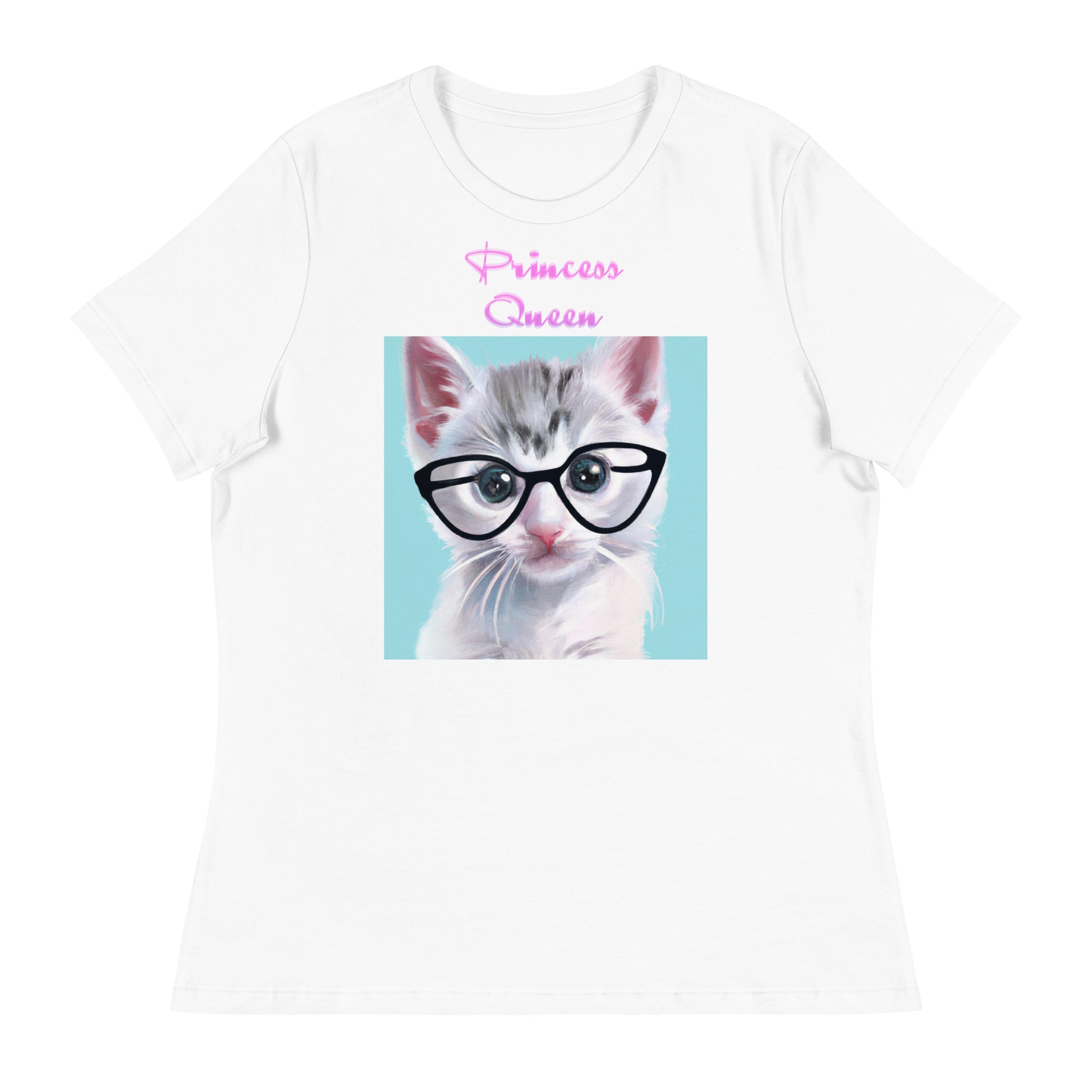 Women's White T-Shirt with Cute Kitten With Glasses And Whiskers with a text "Princess Queen" at $25.97 found at Personalizedpetlovergifts