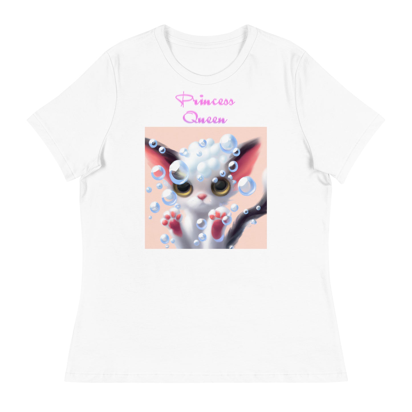 Women's White T-Shirt with Cute Kitten With Bubbles with a text "Princess Queen" at $25.97 found at Personalizedpetlovergifts