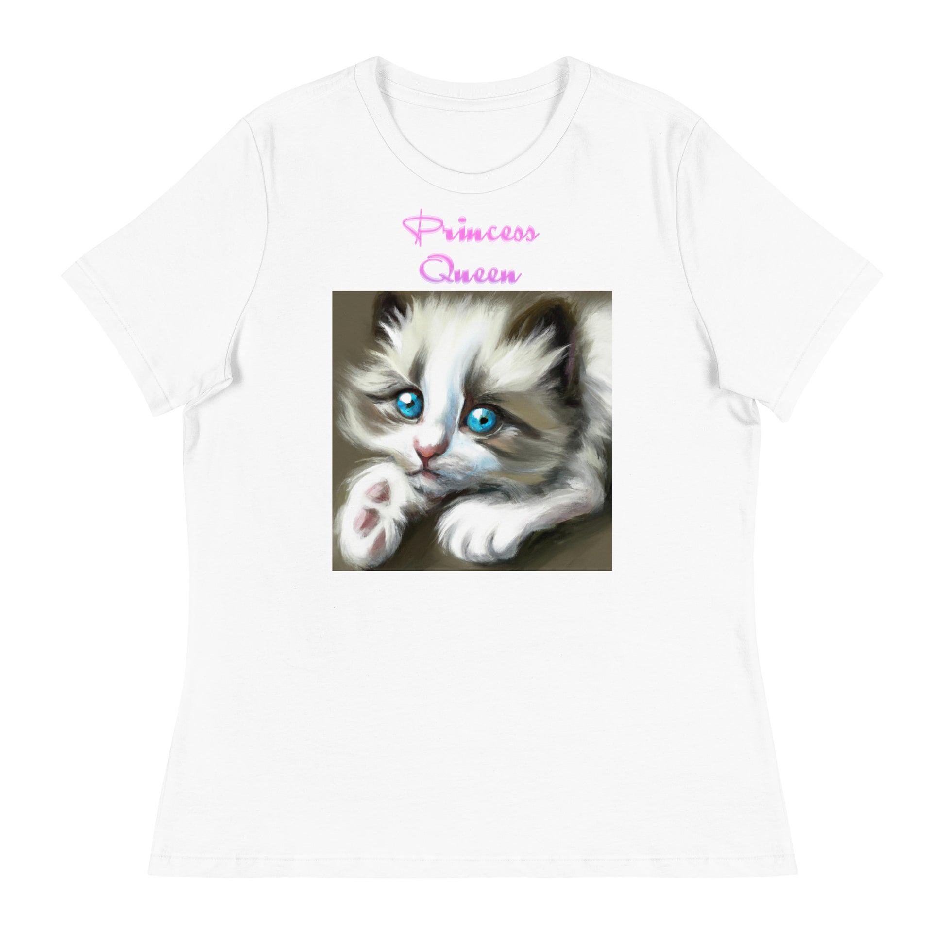 Women's White T-Shirt with Cute Kitten With Blue Eyes with a text "Princess Queen" at $25.97 found at Personalizedpetlovergifts