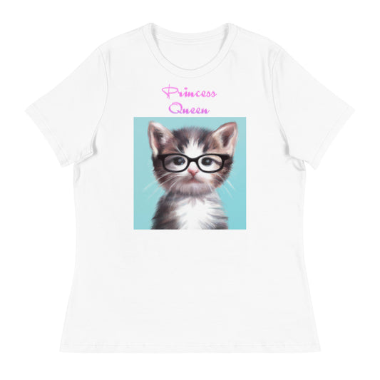 Women's White T-Shirt with Cute Kitten Wearing Glasses with a text "Princess Queen" at $25.97 found at Personalizedpetlovergifts