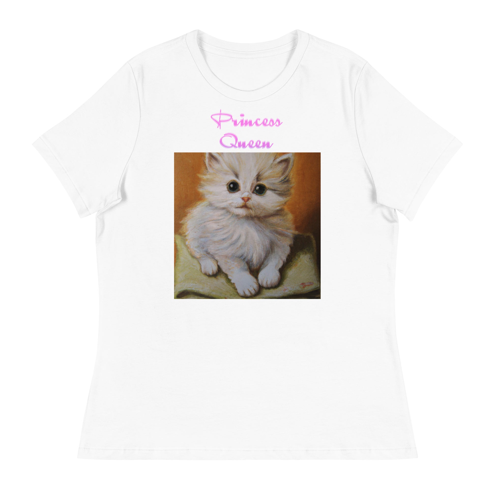 Women's White T-Shirt with Cute Kitten Sitting On a Pillow with a text "Princess Queen" at $25.97 found at Personalizedpetlovergifts