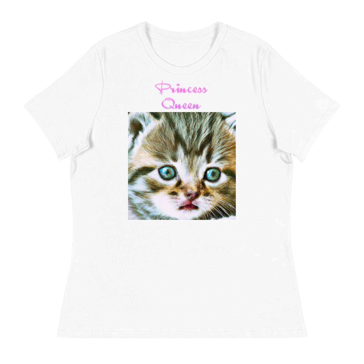 Women's White T-Shirt with Cute Kitten Portrait with a text "Princess Queen" at $25.97 found at Personalizedpetlovergifts