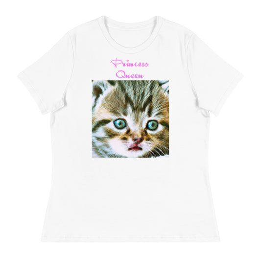 Women's White T-Shirt with Cute Kitten Portrait with a text "Princess Queen" at $25.97 found at Personalizedpetlovergifts