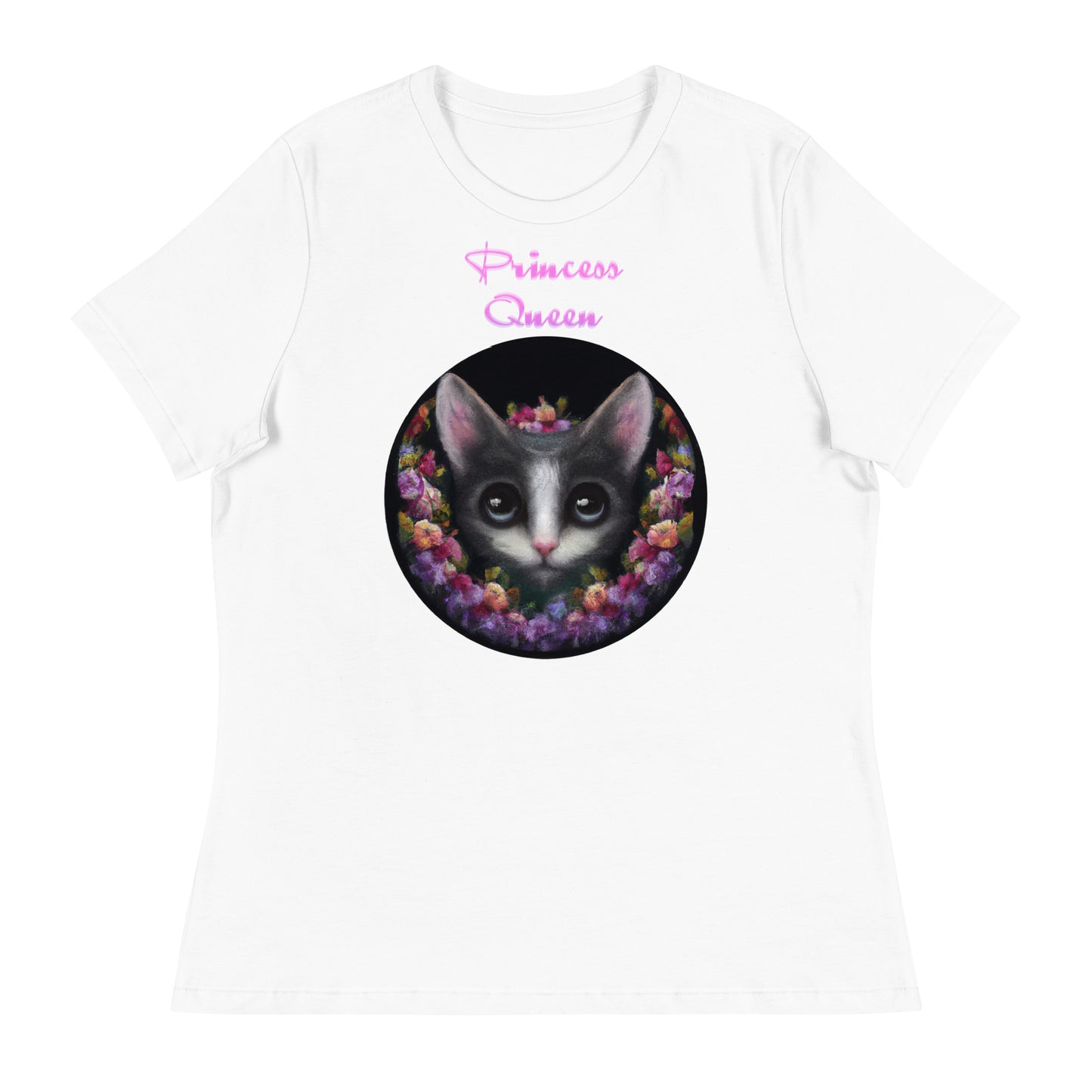 Women's White T-Shirt with Cute Kitten In Flower Circle with a text "Princess Queen" at $25.97 found at Personalizedpetlovergifts