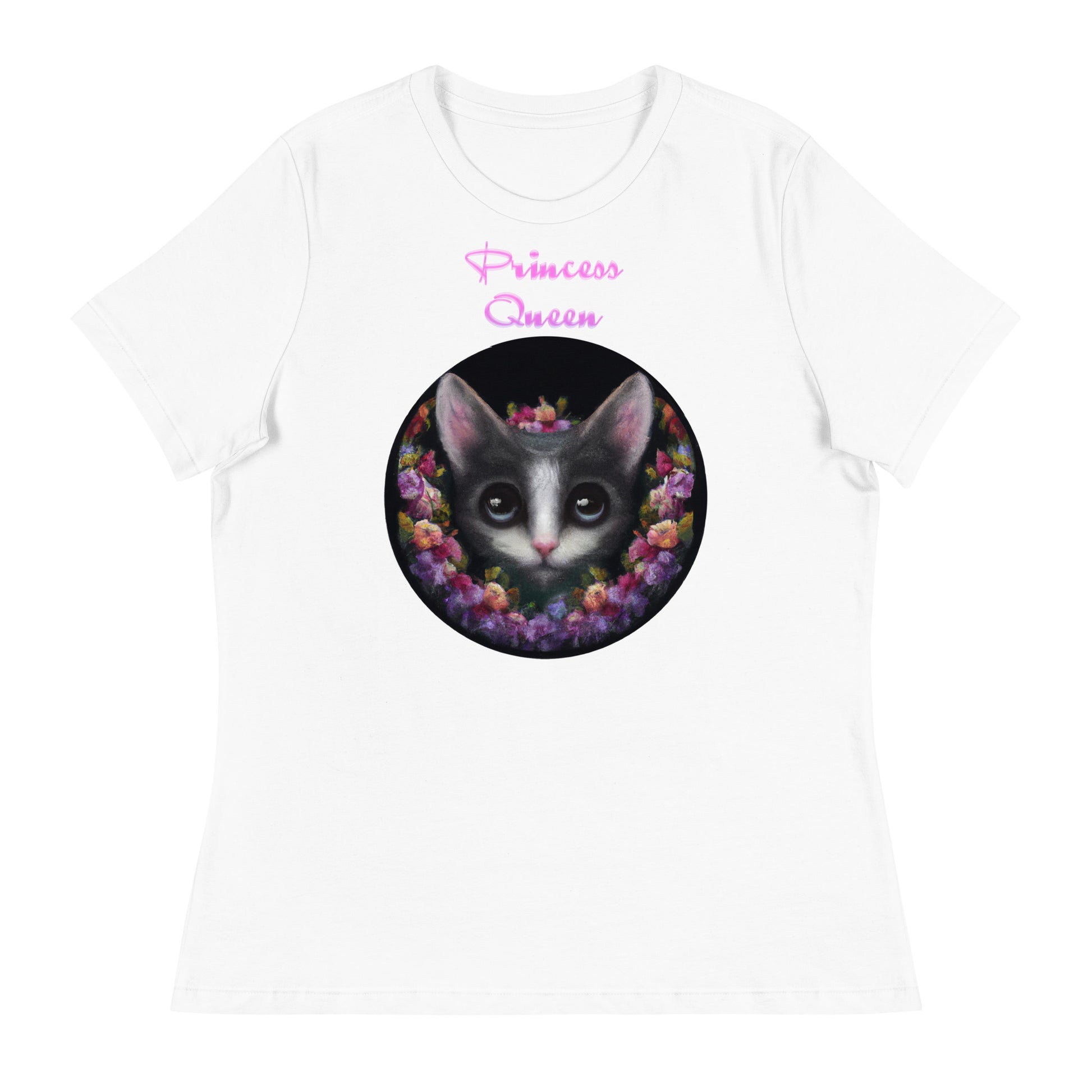 Women's White T-Shirt with Cute Kitten In Flower Circle with a text "Princess Queen" at $25.97 found at Personalizedpetlovergifts