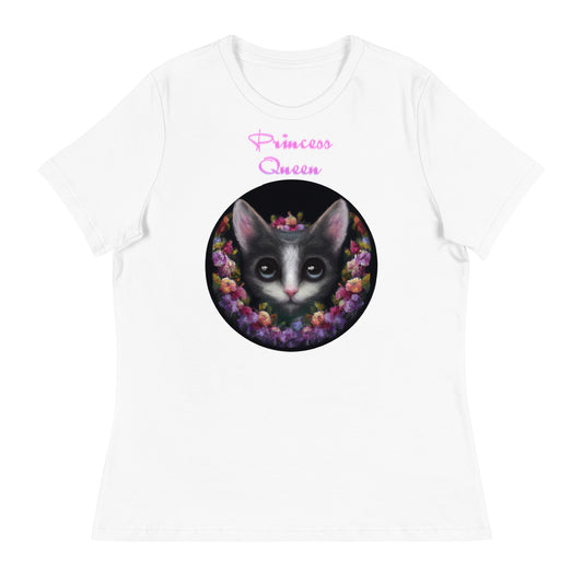 Women's White T-Shirt with Cute Kitten In Flower Circle with a text "Princess Queen" at $25.97 found at Personalizedpetlovergifts