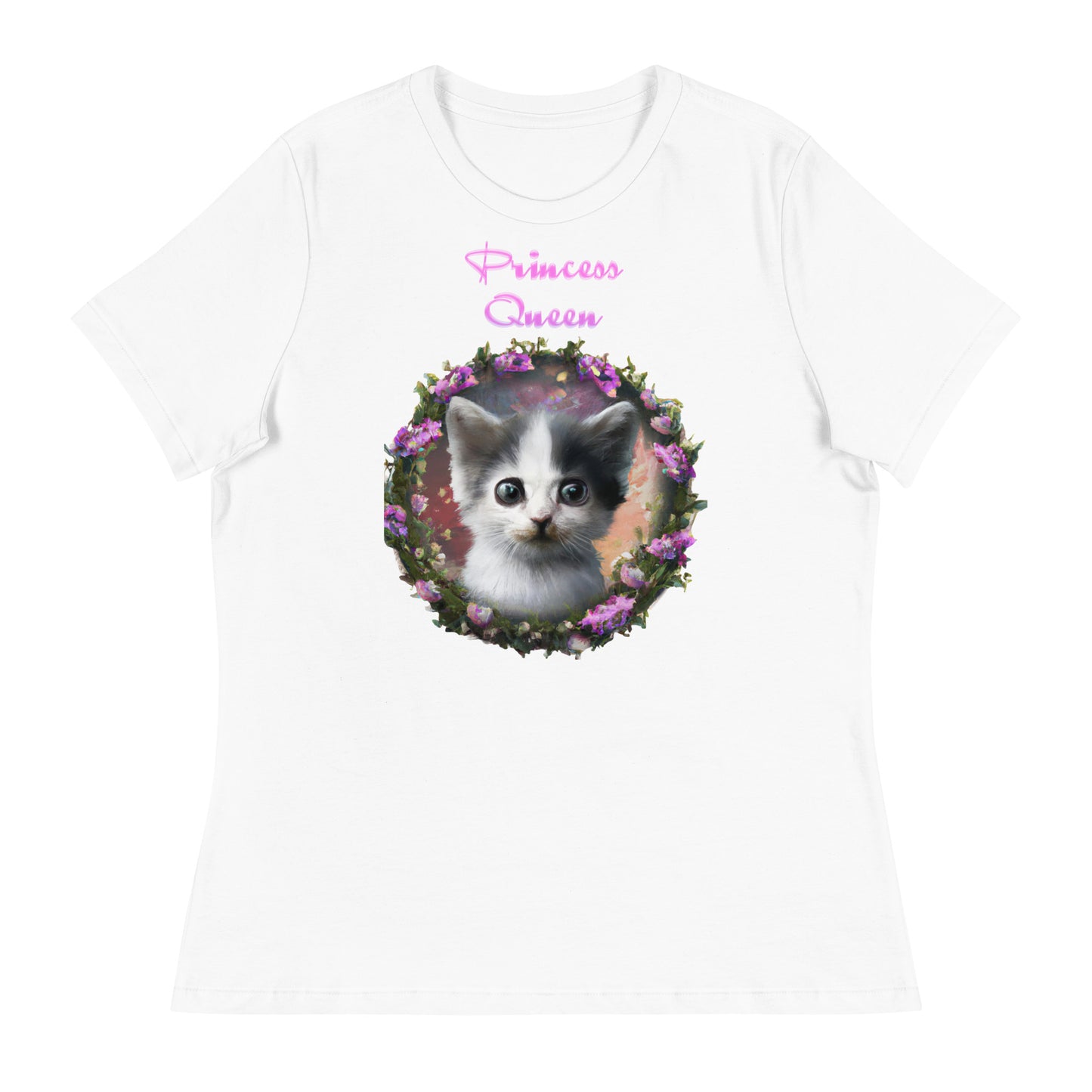 Women's White T-Shirt with Cute Kitten In a Floral Circle with a text "Princess Queen" at $25.97 found at Personalizedpetlovergifts