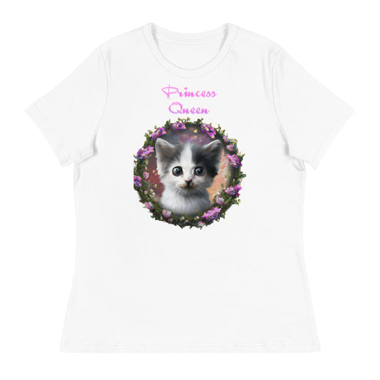 Women's White T-Shirt with Cute Kitten In a Floral Circle with a text "Princess Queen" at $25.97 found at Personalizedpetlovergifts