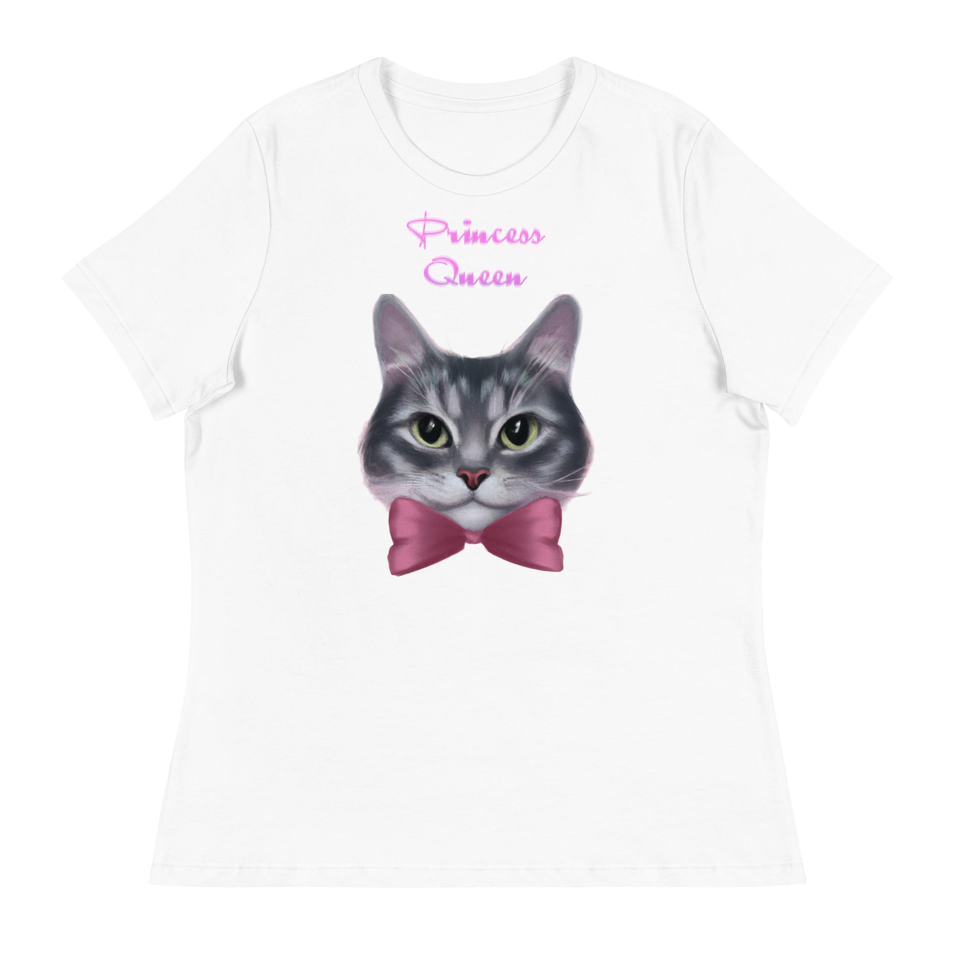 Women's White T-Shirt with Cute Kitten Face With a Pink Bow with a text "Princess Queen" at $25.97 found at Personalizedpetlovergifts