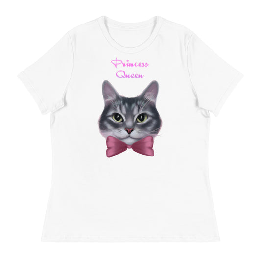 Women's White T-Shirt with Cute Kitten Face With a Pink Bow with a text "Princess Queen" at $25.97 found at Personalizedpetlovergifts