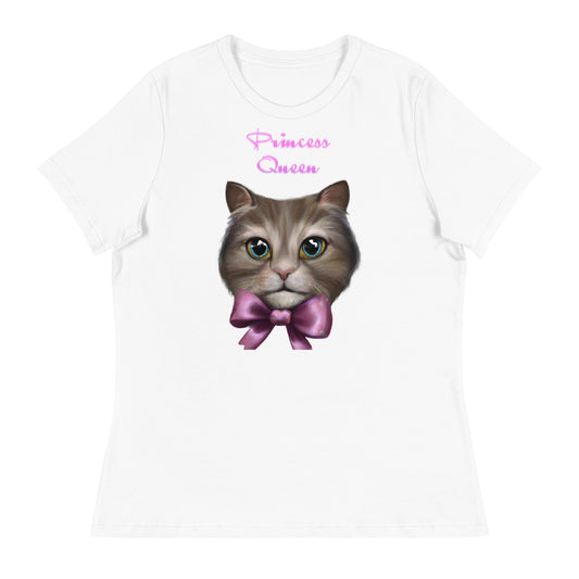 Women's White T-Shirt with Cute Kitten Face With a Bow with a text "Princess Queen" at $25.97 found at Personalizedpetlovergifts