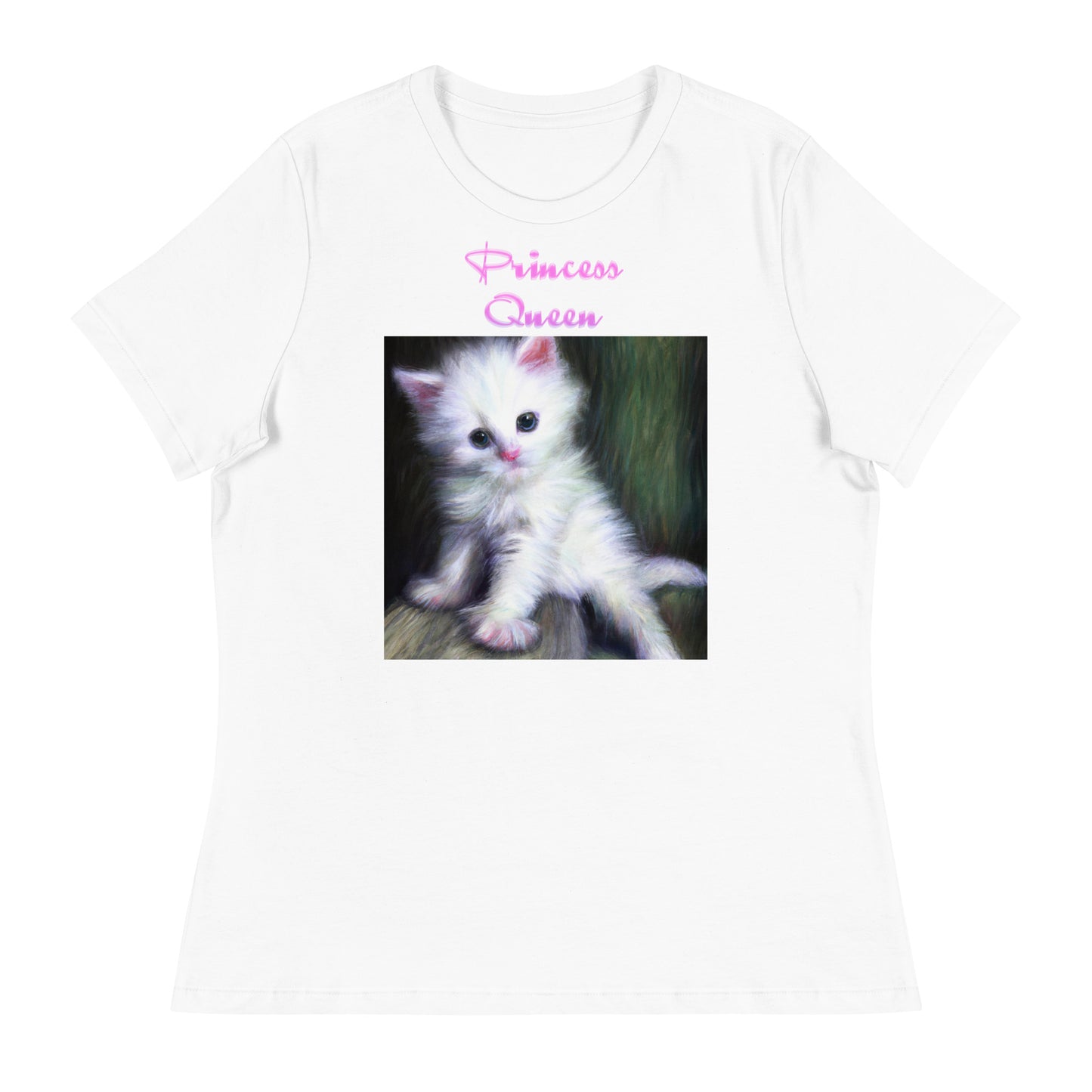 Women's White T-Shirt with Cute Fluffy White Kitten with a text "Princess Queen" at $25.97 found at Personalizedpetlovergifts