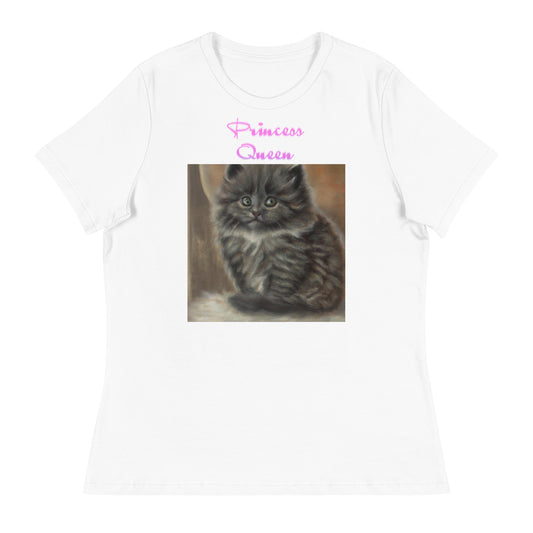 Women's White T-Shirt with Cute Fluffy Kitten with a text "Princess Queen" at $25.97 found at Personalizedpetlovergifts