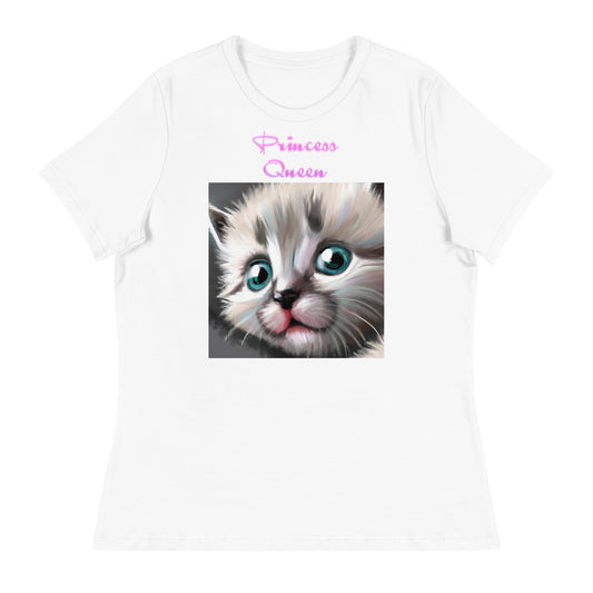 Women's White T-Shirt with Cute Fluffy Kitten With Blue Eyes with a text "Princess Queen" at $25.97 found at Personalizedpetlovergifts