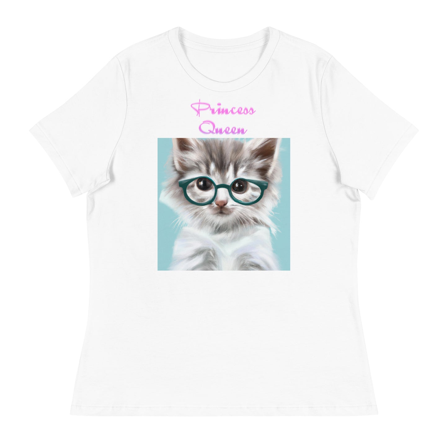 Women's White T-Shirt with Cute Cat With Glasses with a text "Princess Queen" at $25.97 found at Personalizedpetlovergifts