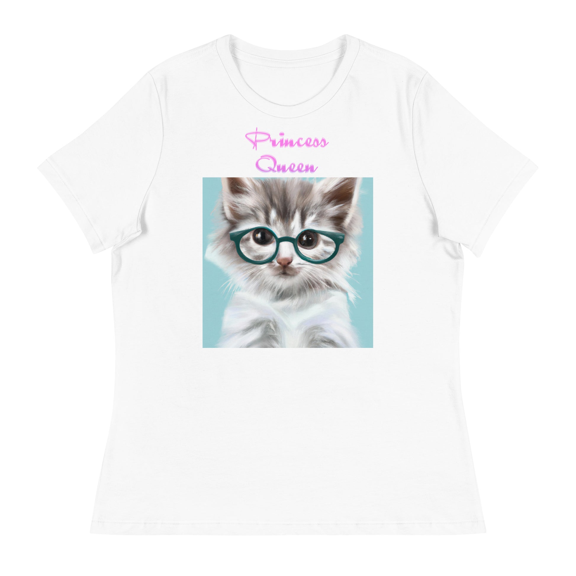 Women's White T-Shirt with Cute Cat With Glasses with a text "Princess Queen" at $25.97 found at Personalizedpetlovergifts