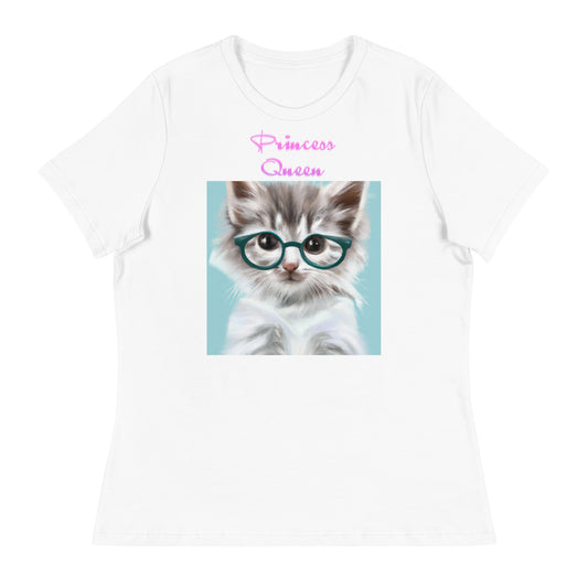 Women's White T-Shirt with Cute Cat With Glasses with a text "Princess Queen" at $25.97 found at Personalizedpetlovergifts