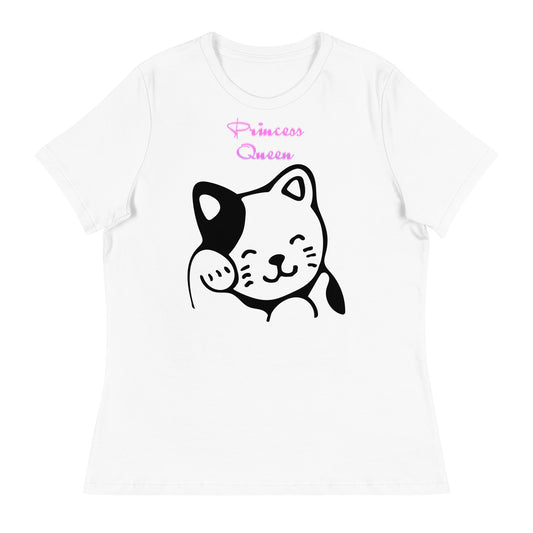 Women's White T-Shirt with Cute Cat Waving with a text "Princess Queen" at $25.97 found at Personalizedpetlovergifts