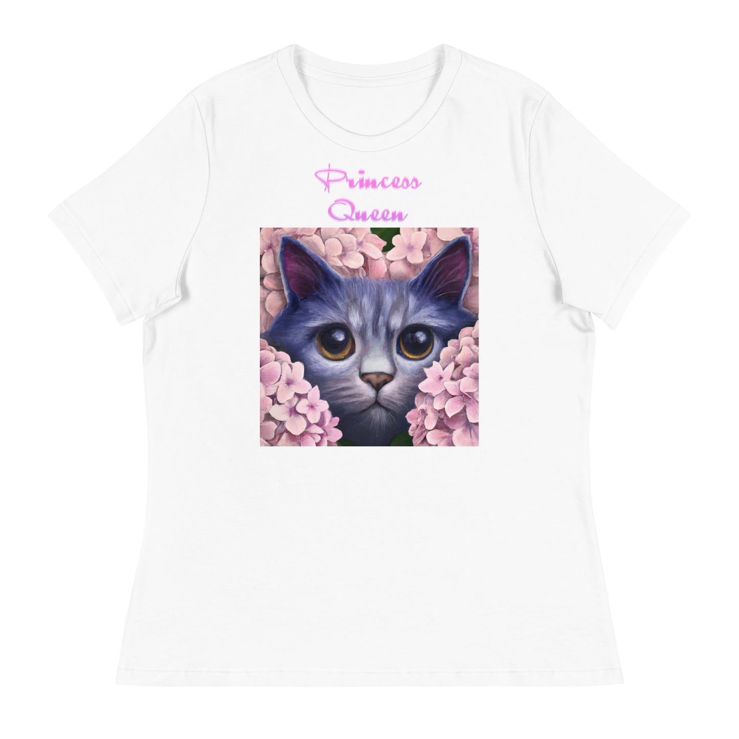 Women's White T-Shirt with Cute Cat In Flowers with a text "Princess Queen" at $25.97 found at Personalizedpetlovergifts