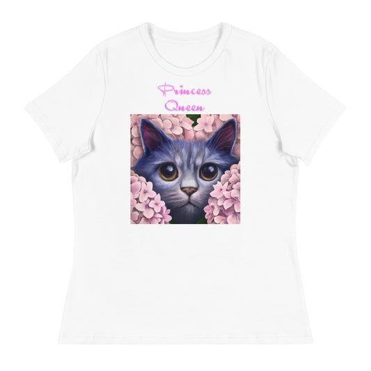 Women's White T-Shirt with Cute Cat In Flowers with a text "Princess Queen" at $25.97 found at Personalizedpetlovergifts