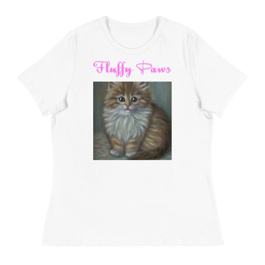 Women's White T-Shirt with Fluffy Kitten Painting with a text "Fluffy Paws" at $25.97 found at Personalizedpetlovergifts