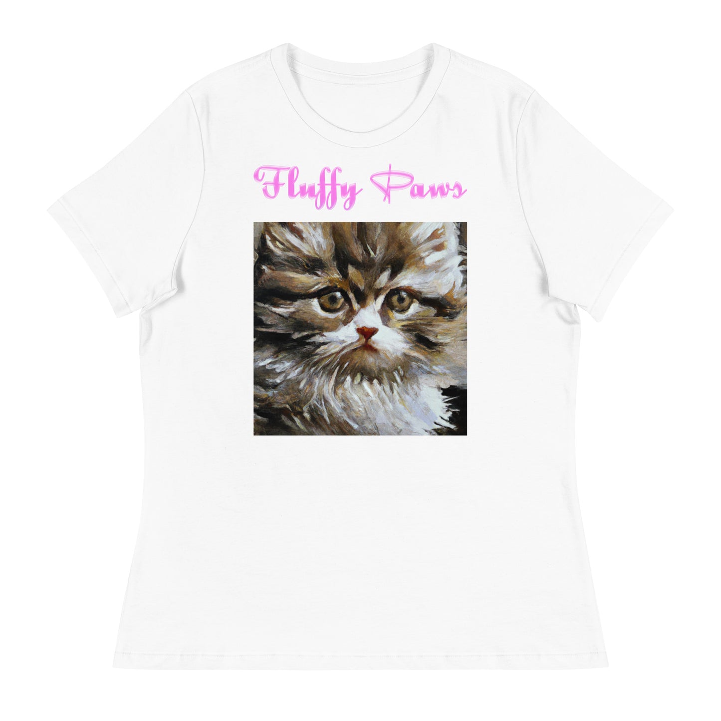 Women's White T-Shirt with Fluffy Kitten Oil Painting with a text "Fluffy Paws" at $25.97 found at Personalizedpetlovergifts