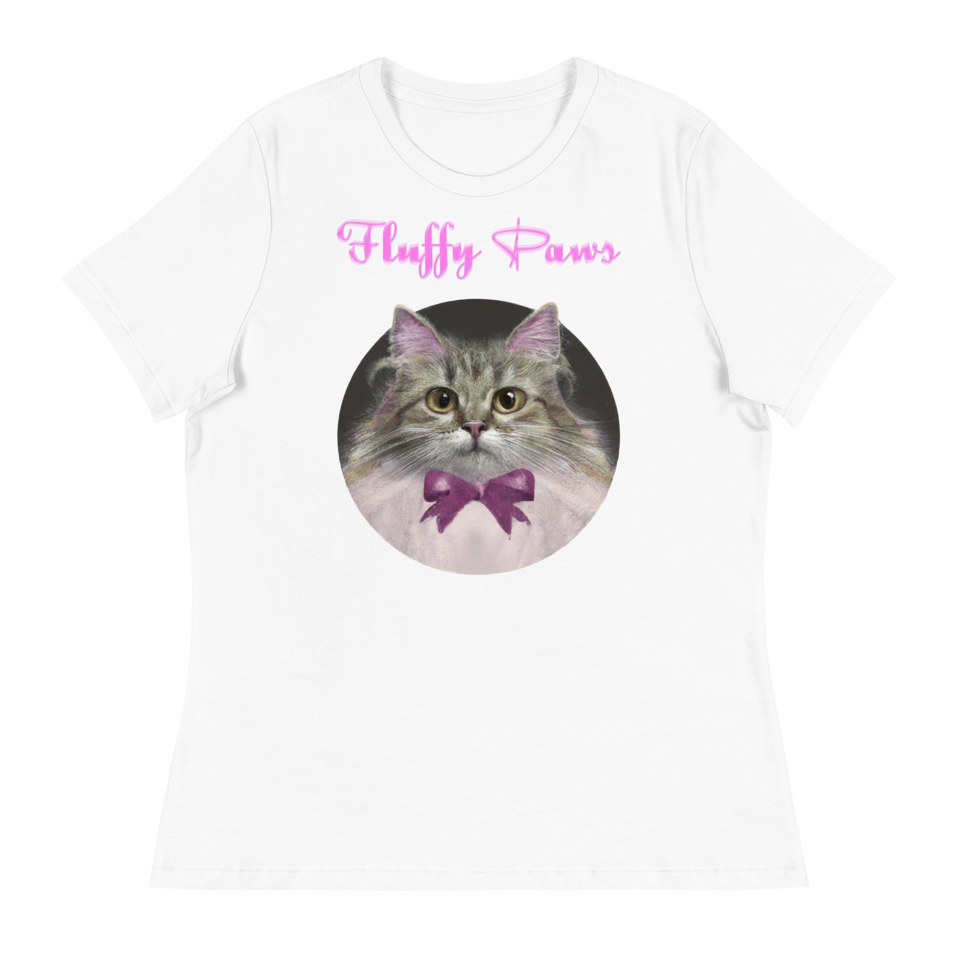 Women's White T-Shirt with Fluffy Kitten in a Circle With a Bow with a text "Fluffy Paws" at $25.97 found at Personalizedpetlovergifts