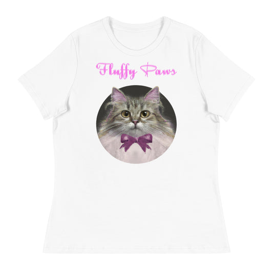 Women's White T-Shirt with Fluffy Kitten in a Circle With a Bow with a text "Fluffy Paws" at $25.97 found at Personalizedpetlovergifts