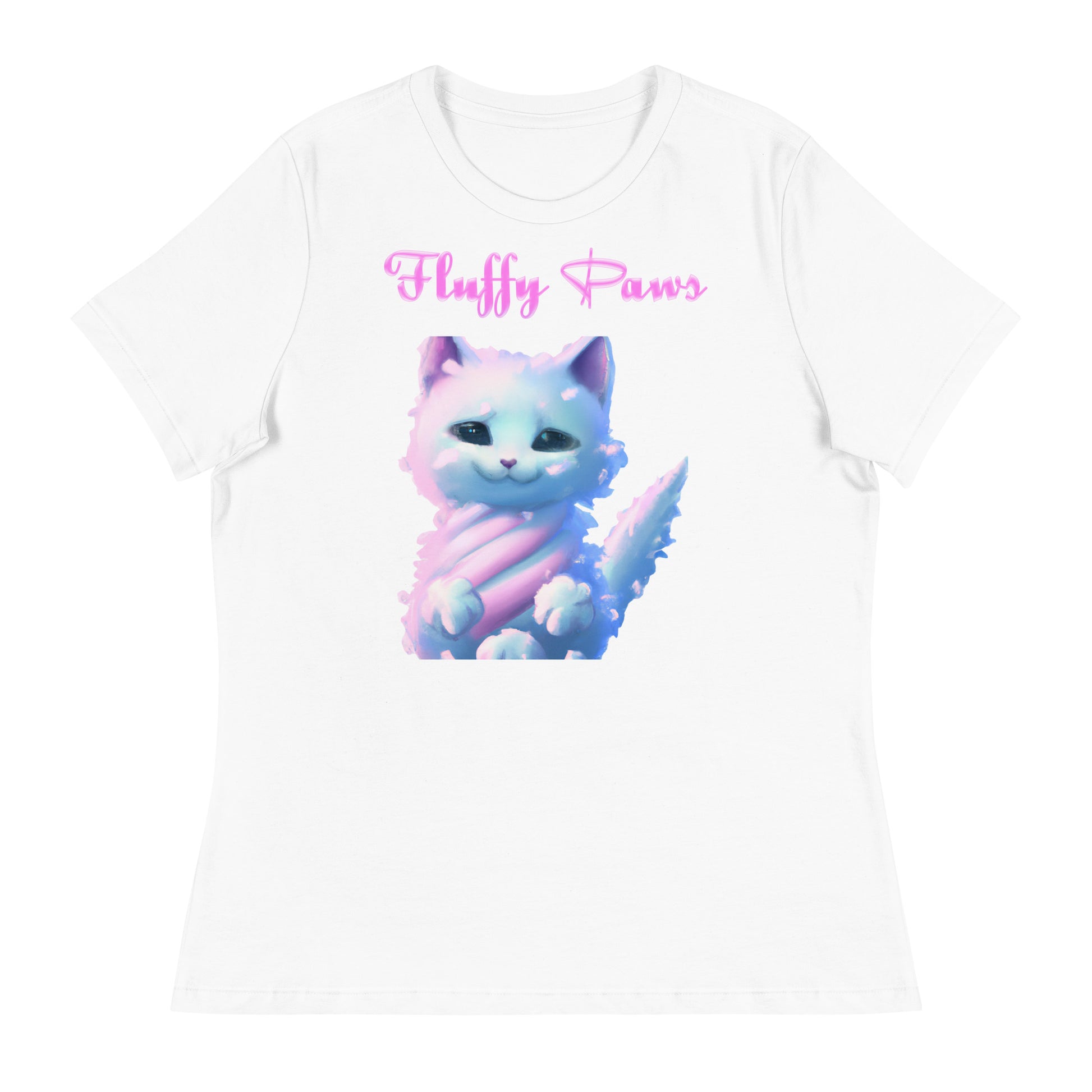 Women's White T-Shirt with Fluffy Cotton Candy Cloud Kitten with a text "Fluffy Paws" at $25.97 found at Personalizedpetlovergifts