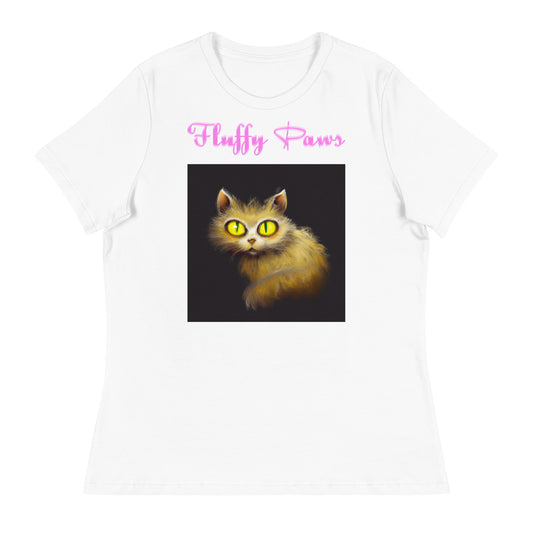 Women's White T-Shirt with Fluffy Cat With Big Yellow Eyes with a text "Fluffy Paws" at $25.97 found at Personalizedpetlovergifts