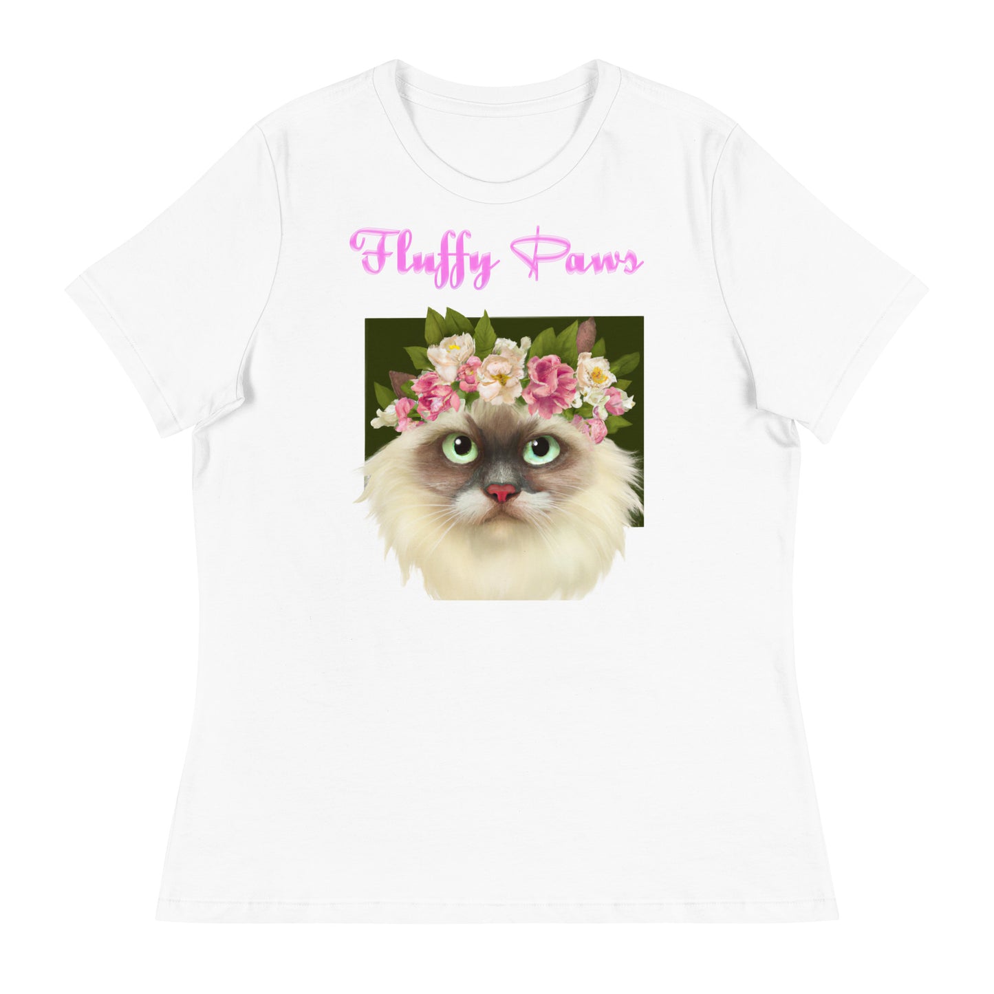 Women's White T-Shirt with Fluffy Cat Portrait With Flowers with a text "Fluffy Paws" at $25.97 found at Personalizedpetlovergifts