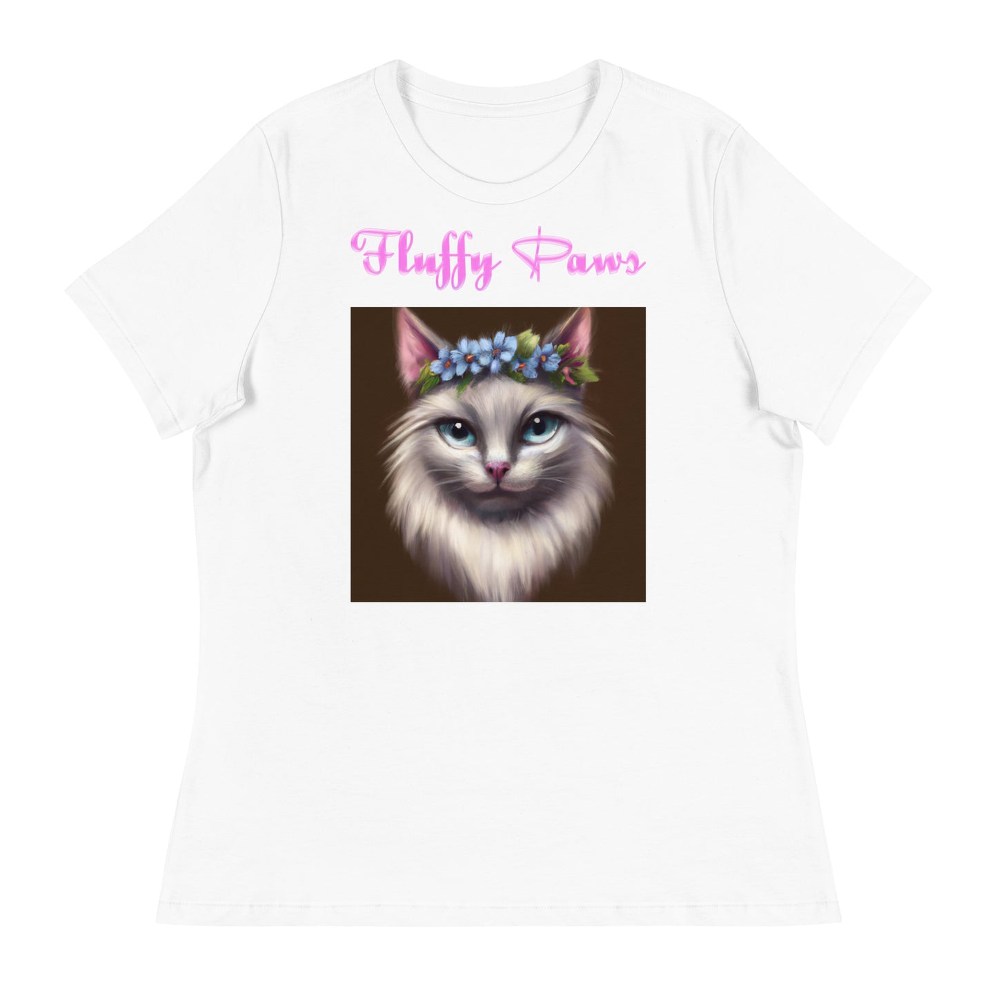 Women's White T-Shirt with Fluffy Cat Portrait With Blue Flowers with a text "Fluffy Paws" at $25.97 found at Personalizedpetlovergifts