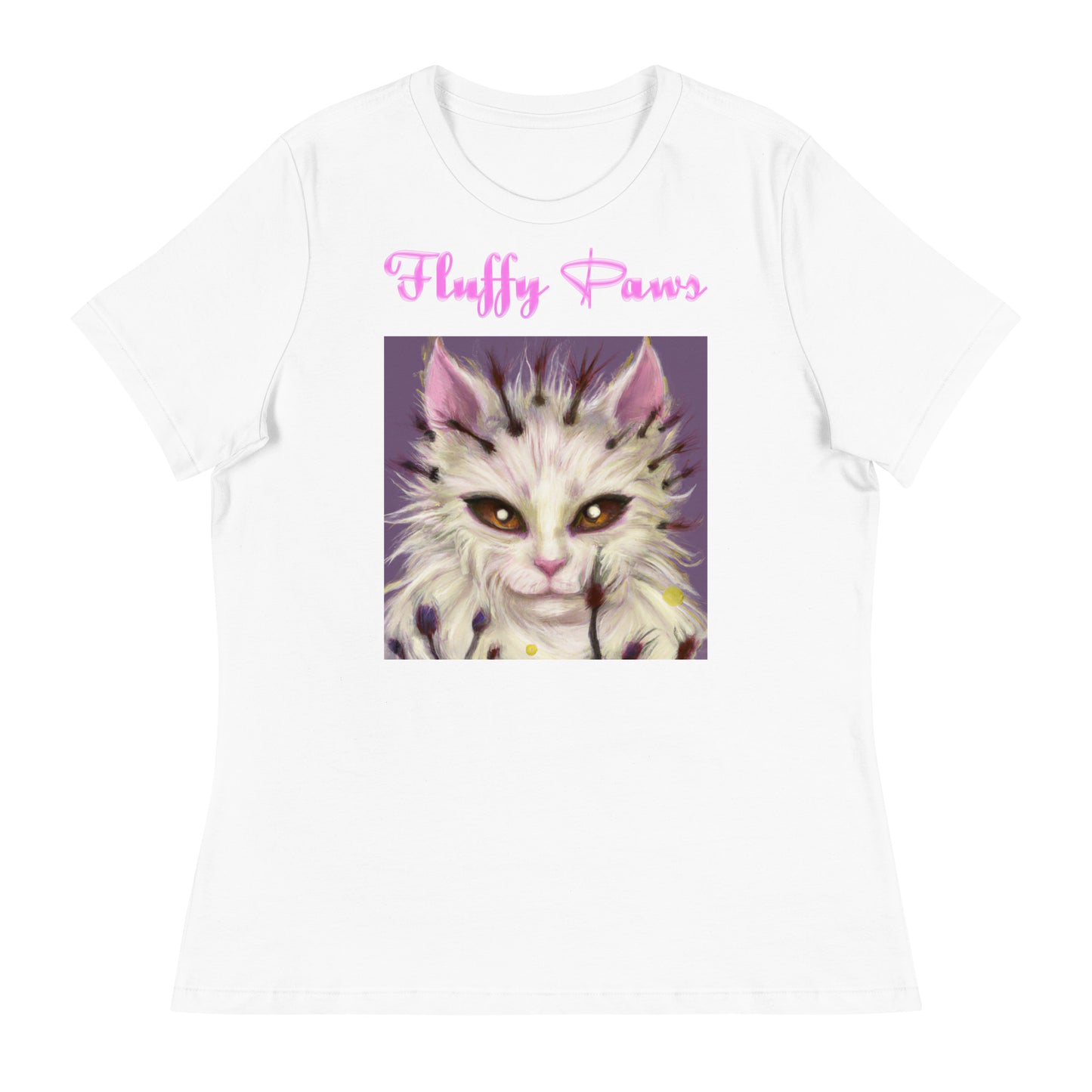 Women's White T-Shirt with Fluffy Alien Cat with a text "Fluffy Paws" at $25.97 found at Personalizedpetlovergifts