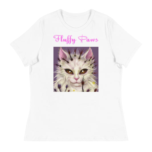 Women's White T-Shirt with Fluffy Alien Cat with a text "Fluffy Paws" at $25.97 found at Personalizedpetlovergifts