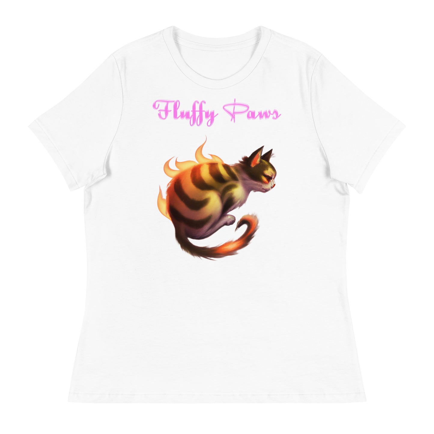 Women's White T-Shirt with Firey Stiped Cat with a text "Fluffy Paws" at $25.97 found at Personalizedpetlovergifts