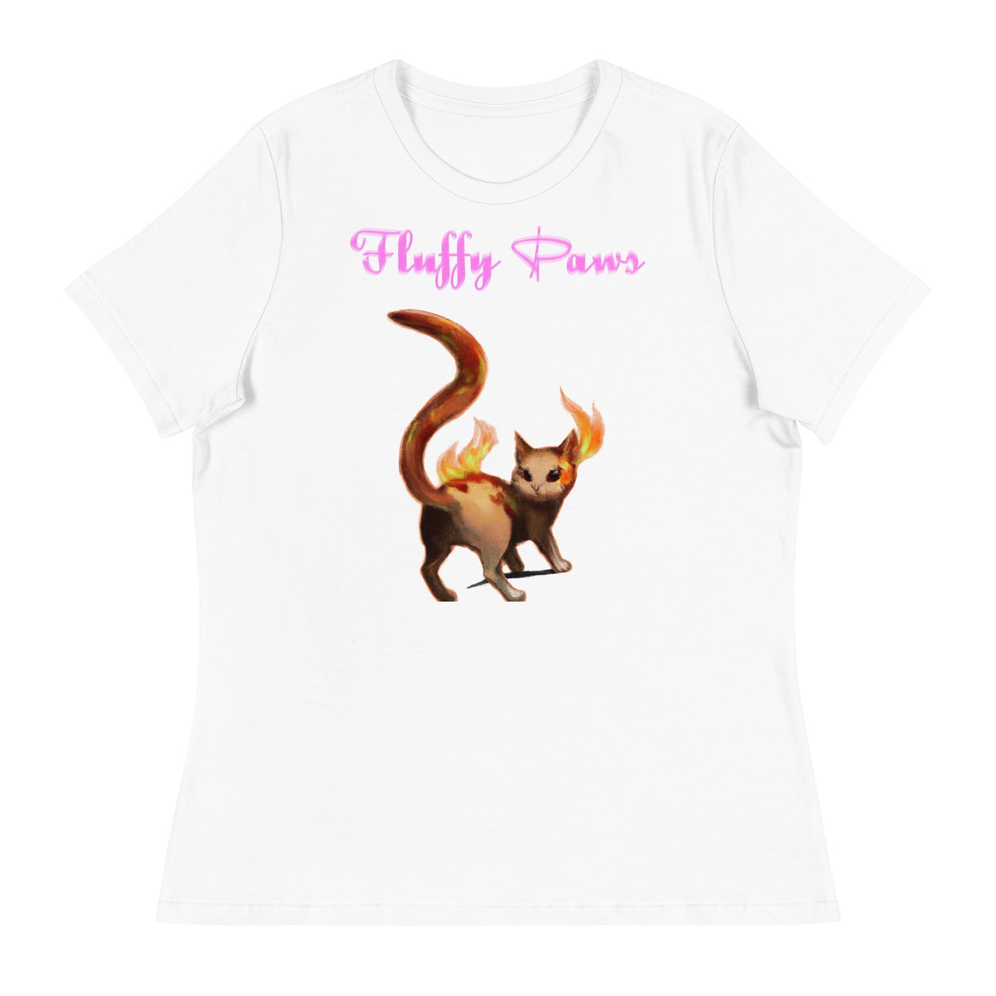 Women's White T-Shirt with Fire Cat with a text "Fluffy Paws" at $25.97 found at Personalizedpetlovergifts