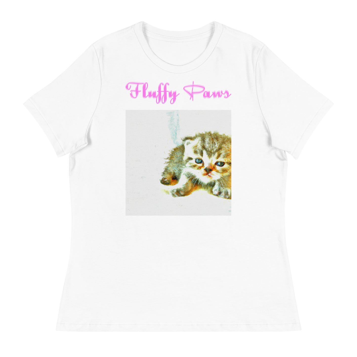 Women's White T-Shirt with Drawing Of a Cute Kitten with a text "Fluffy Paws" at $25.97 found at Personalizedpetlovergifts