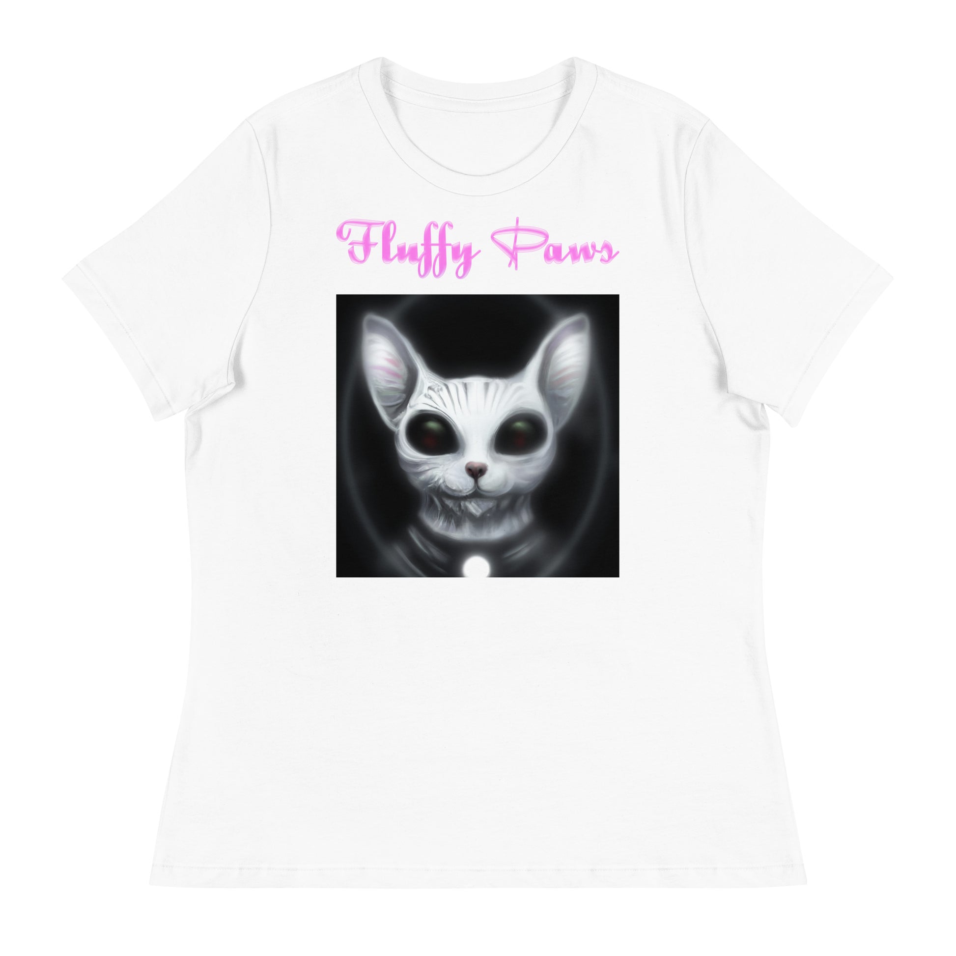 Women's White T-Shirt with Dark Alien Cat with a text "Fluffy Paws" at $25.97 found at Personalizedpetlovergifts