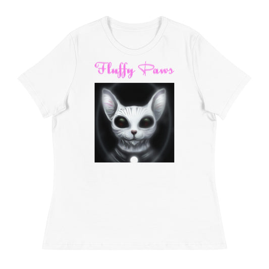 Women's White T-Shirt with Dark Alien Cat with a text "Fluffy Paws" at $25.97 found at Personalizedpetlovergifts