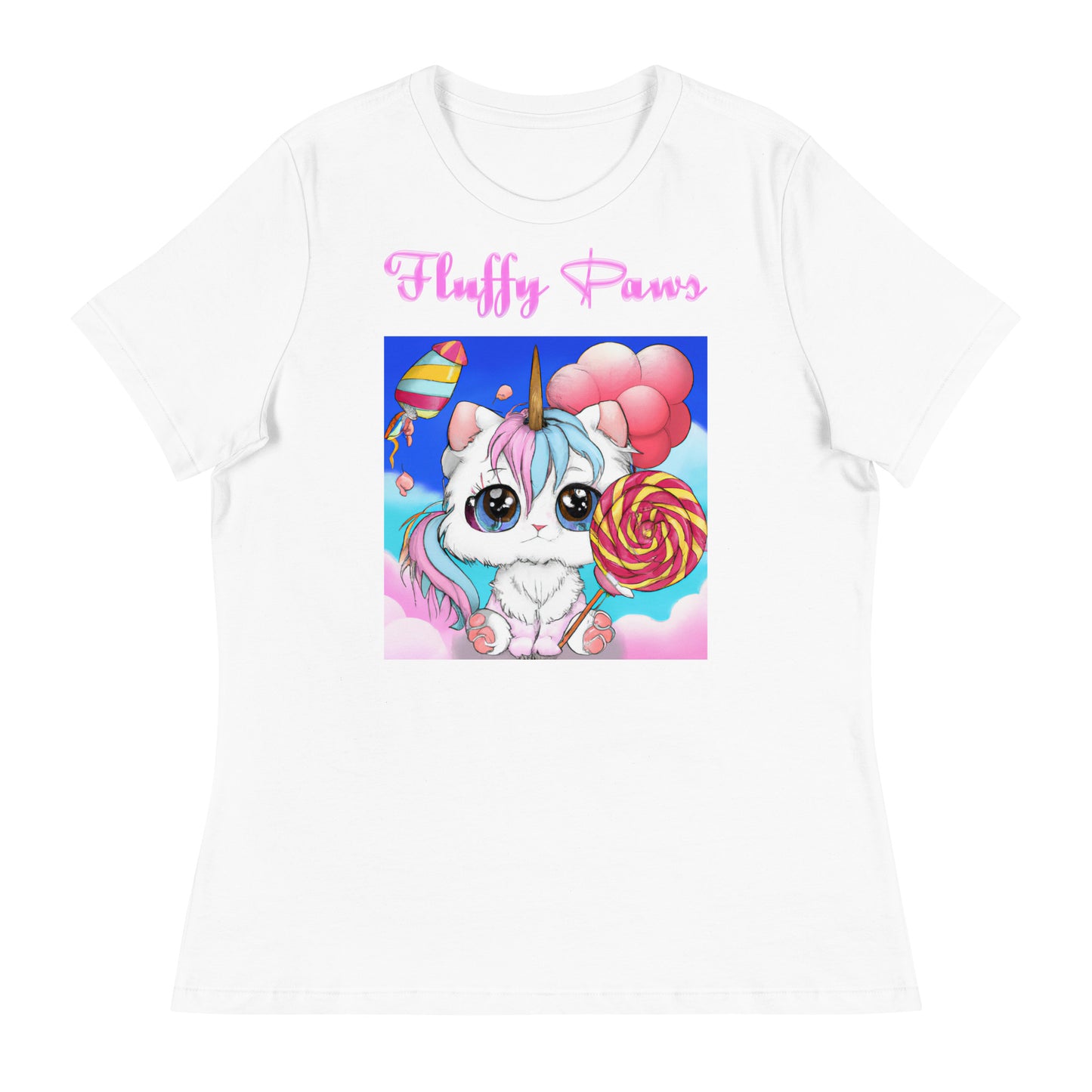 Women's White T-Shirt with Cute Unicorn Kitten With a Lollipop with a text "Fluffy Paws" at $25.97 found at Personalizedpetlovergifts