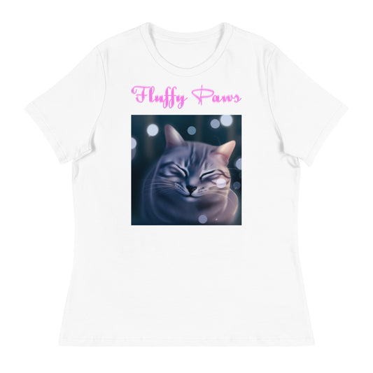 Women's White T-Shirt with Cute Sleepy Cat with a text "Fluffy Paws" at $25.97 found at Personalizedpetlovergifts