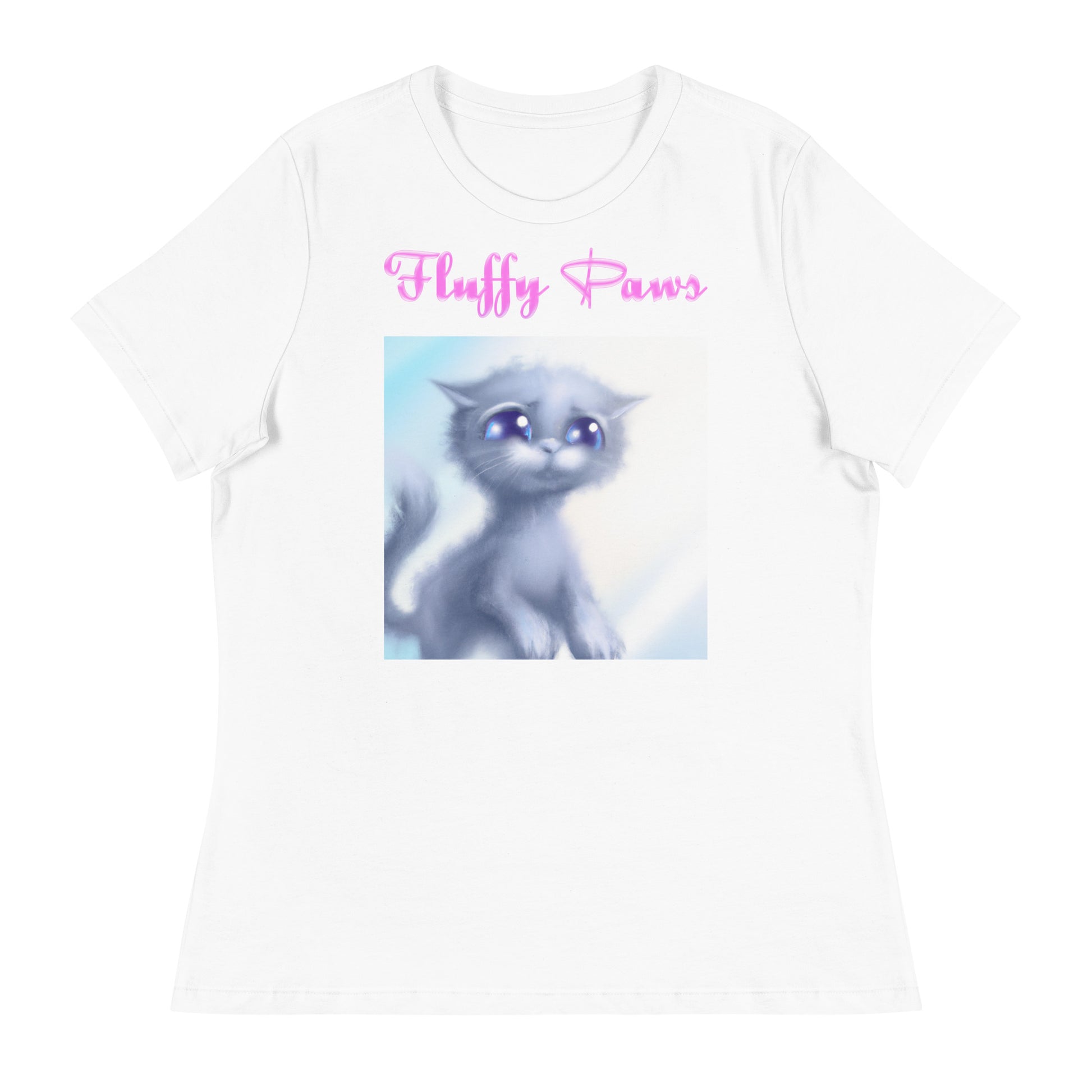 Women's White T-Shirt with Cute Sad Kitten with a text "Fluffy Paws" at $25.97 found at Personalizedpetlovergifts