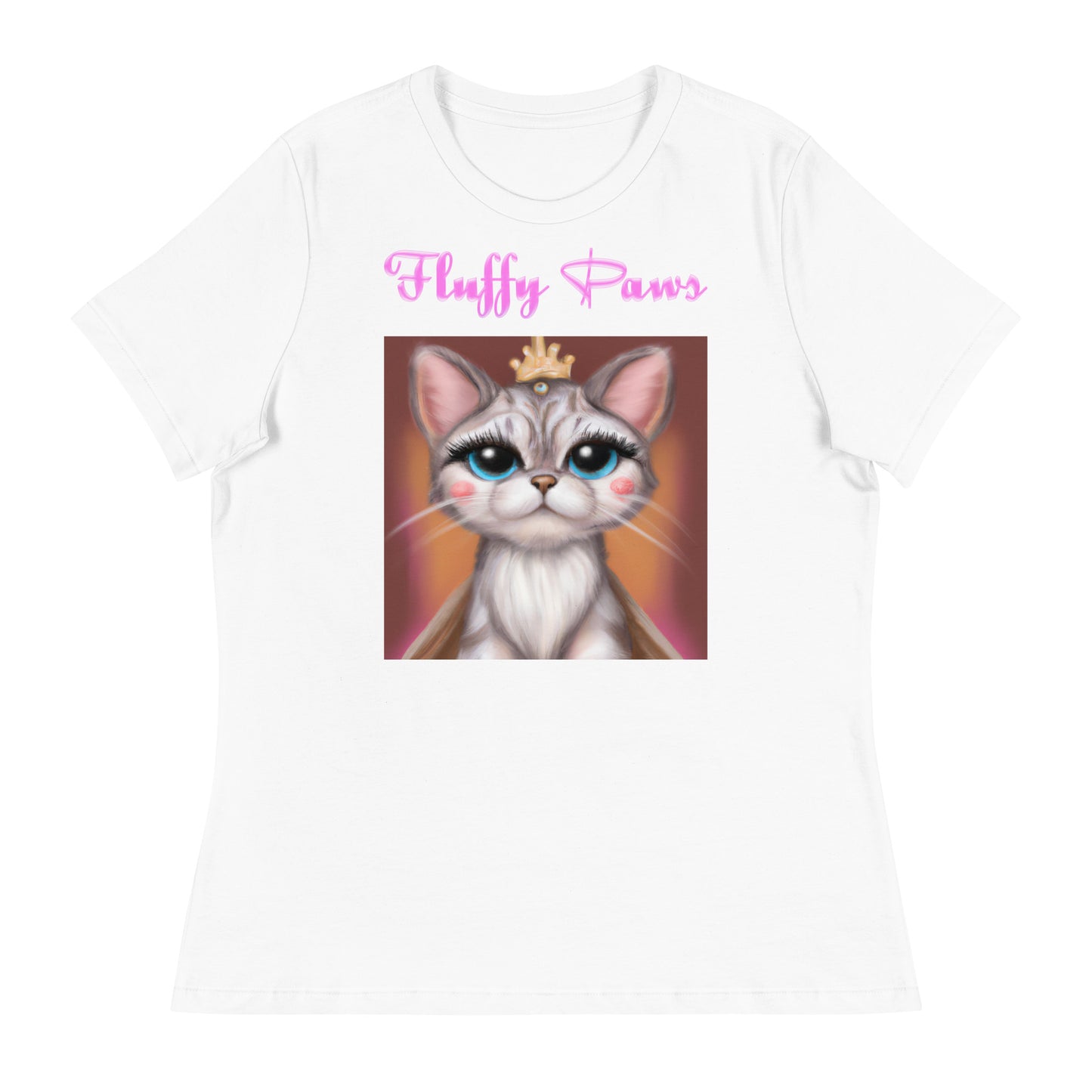 Women's White T-Shirt with Cute Princess Kitten with a text "Fluffy Paws" at $25.97 found at Personalizedpetlovergifts