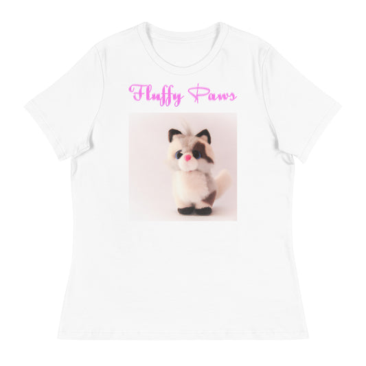 Women's White T-Shirt with Cute Plush Kitten with a text "Fluffy Paws" at $25.97 found at Personalizedpetlovergifts