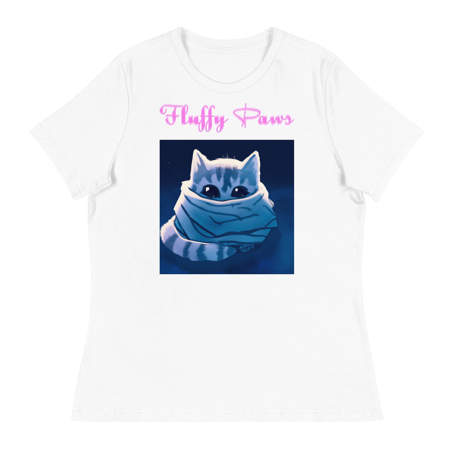 Women's White T-Shirt with Cute Kitten Wrapped Up In a Cozy Scarf with a text "Fluffy Paws" at $25.97 found at Personalizedpetlovergifts