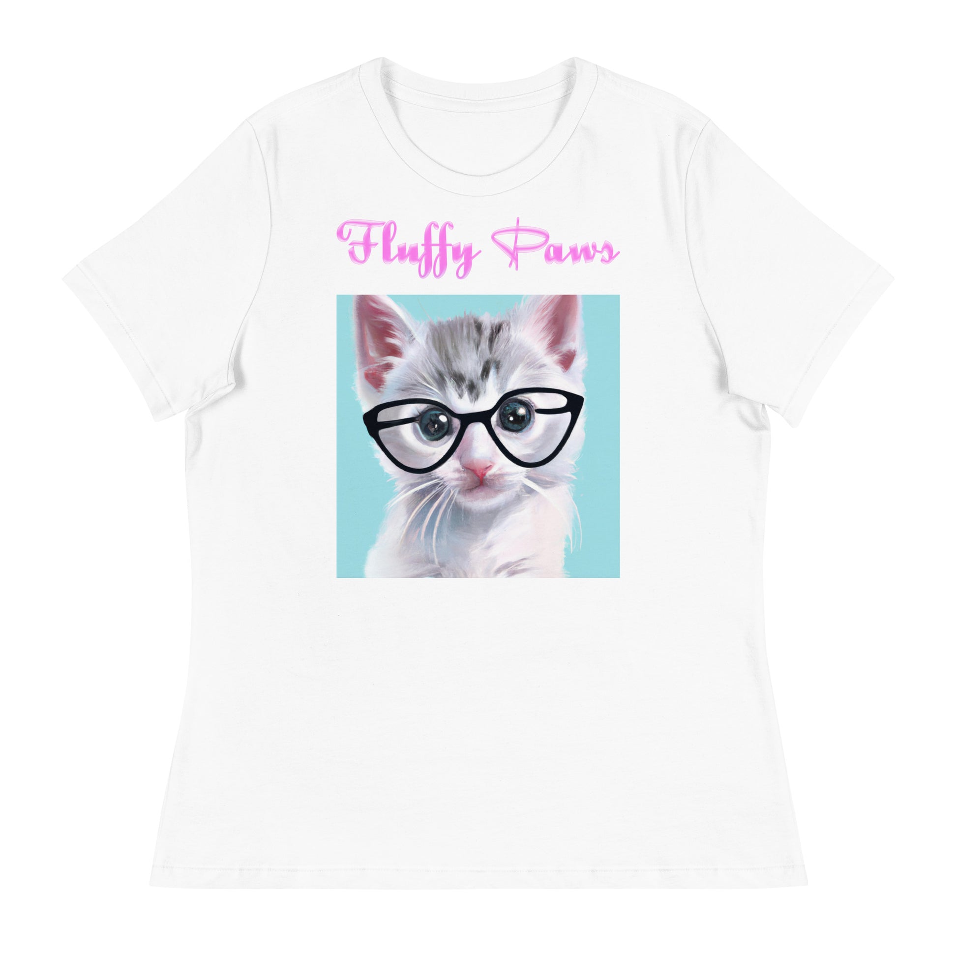 Women's White T-Shirt with Cute Kitten With Glasses And Whiskers with a text "Fluffy Paws" at $25.97 found at Personalizedpetlovergifts